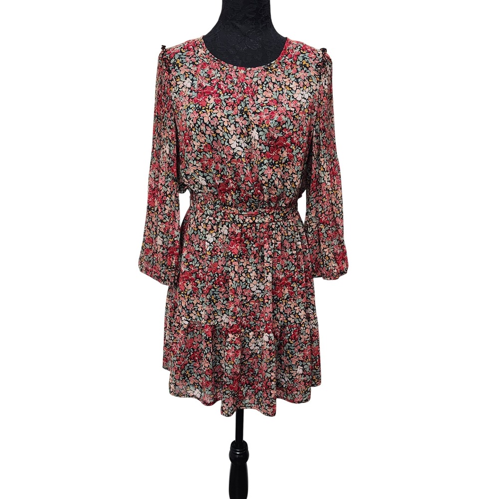 Floral‎ Print Mini Dress Long Sleeve Ruffle Shoulder Tie Waist Casual Medium
